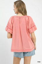 Umgee Round Neck Puff Sleeve Top with Contrast Stitch Detail