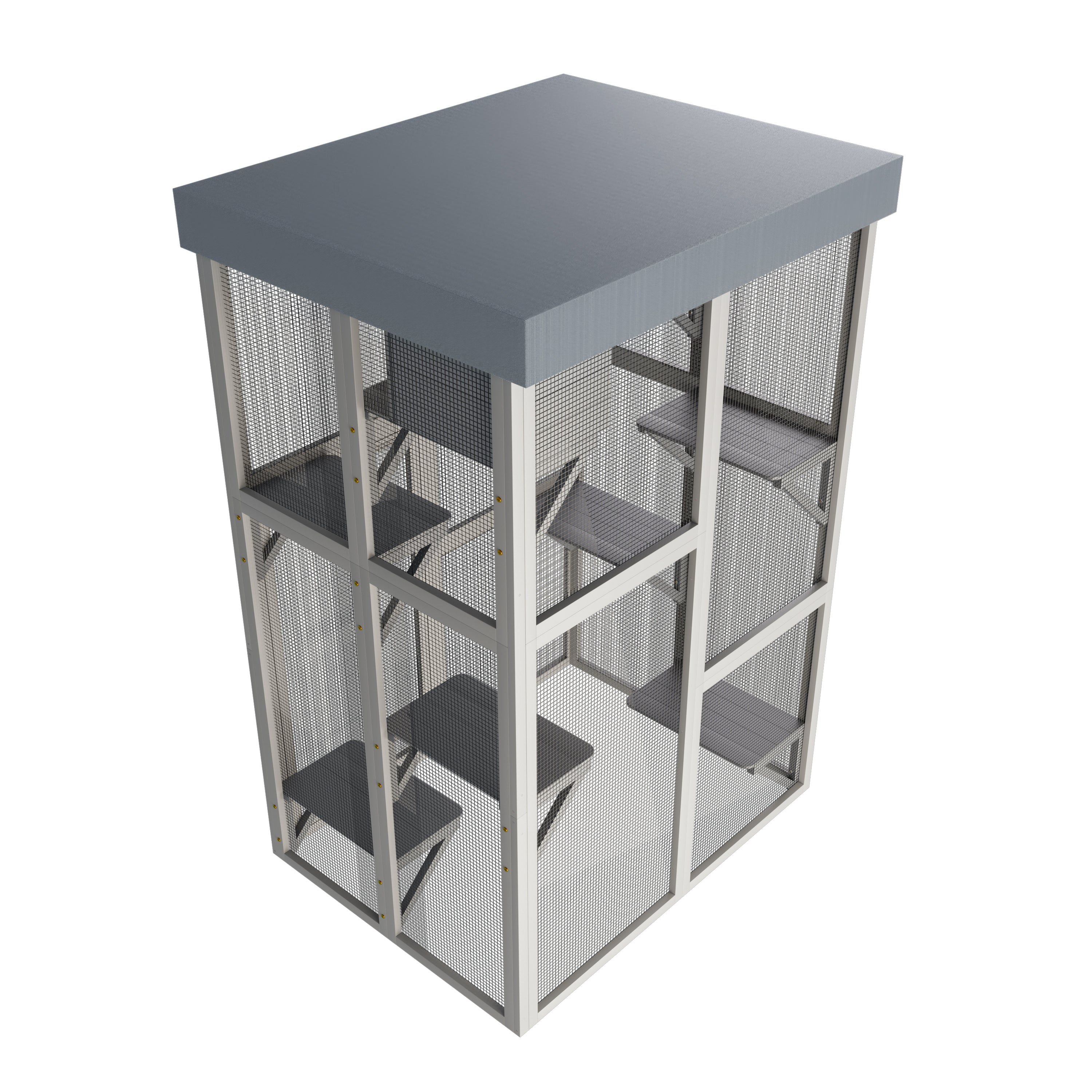 70.5＂ Tall Wooden Catio Outdoor Cat Enclosure, Gray Cat House Large Solid Wood Cage Playpen with 6 Jumping Platforms & 2 Napping Houses, Movable tarp cover