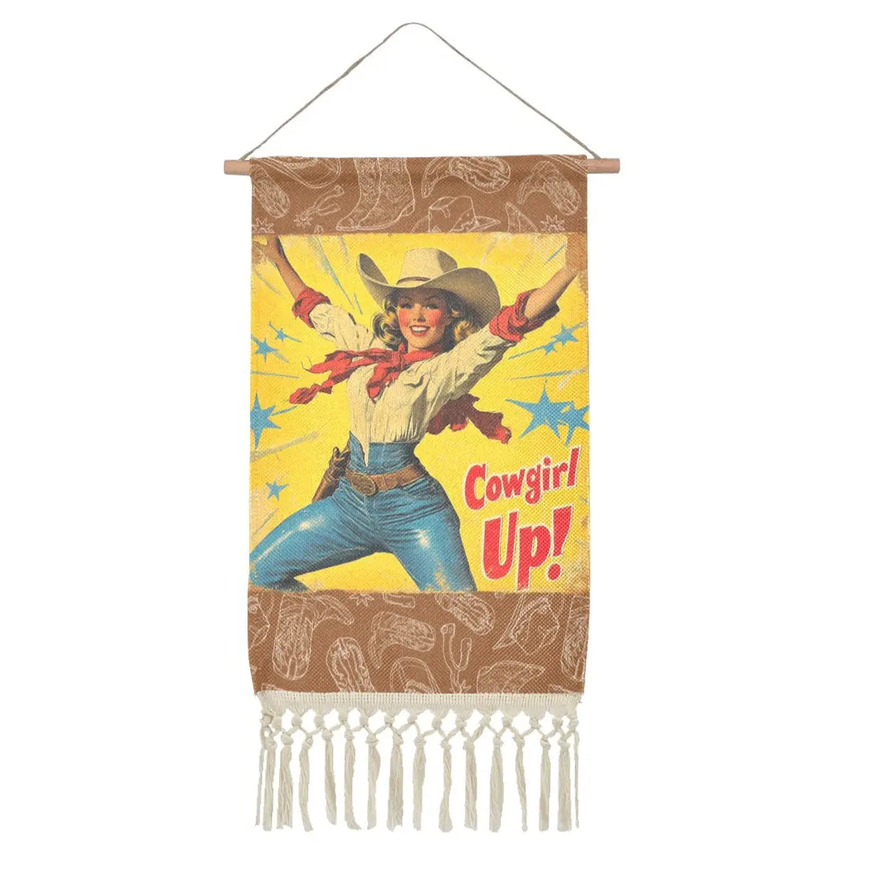 Cowgirl Up Vintage Western Wall Decor Linen Hanging Poster with Fringe Made in America Baha Ranch Western Wear
