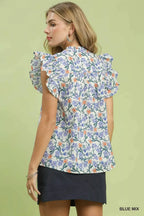 Umgee Floral Print Ruffle  Cap Sleeve Shirt