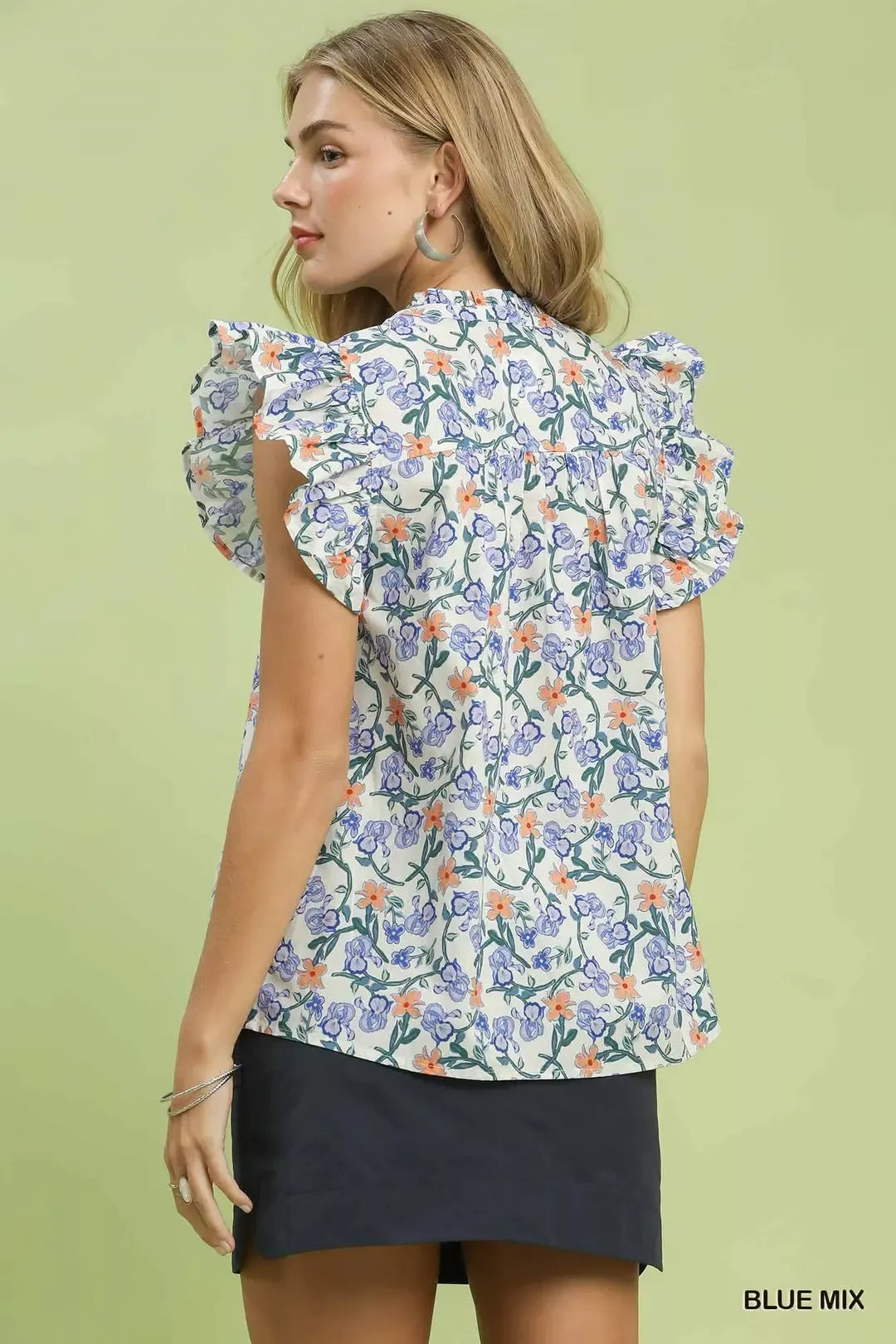 Umgee Floral Print Ruffle Cap Sleeve Shirt