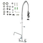 Commercial Faucet with Pre-Rinse Sprayer, 47' Height, 8' Center, 12' Swing Spout, Wall Mount Kitchen Sink Faucet, Brass Constructed Device with Pull Down Spray, for 1/2/3 Compartment Sink