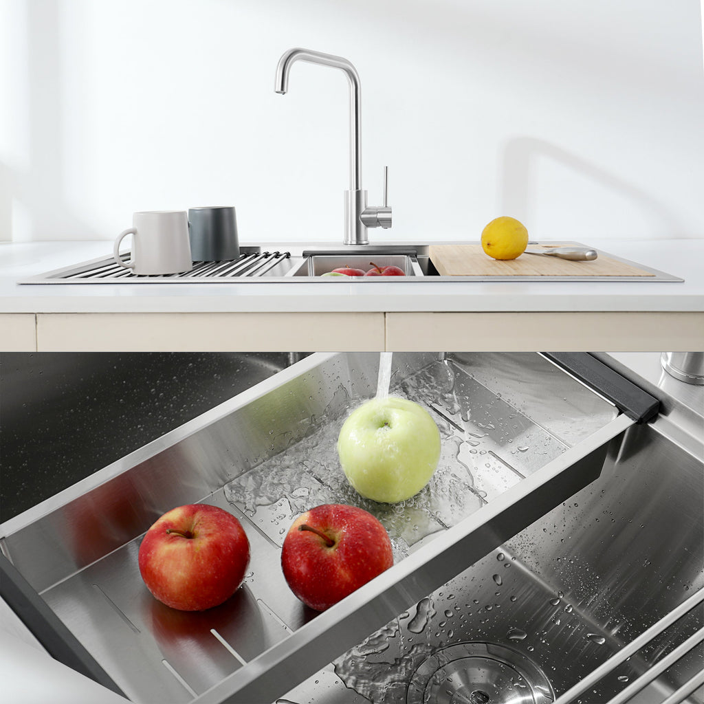 Stainless Steel Kitchen Sink, 33″x22″ Single Bowl, Overmount Handmade Sink in Brushed, with Cutting Board, Colander, Grid, LS-SSBR01