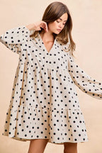 BiBi Polka Dot Corduroy Collared V Neck Dress