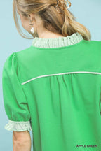 Umgee French Terry Ruffle Trim Puff Sleeve Top