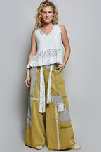 POL Floral Print Patche Round Neck Ribbed Tank with Double Gauze Ruffle Accents