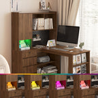 L Shaped Desk,Computer Desk with Drawers,Bookshelf,with LED Light,Modern Corner Desk,Home Office Desk,L-Shaped Study Table Writing Desk,Corner Gaming Computer Desk with Storage