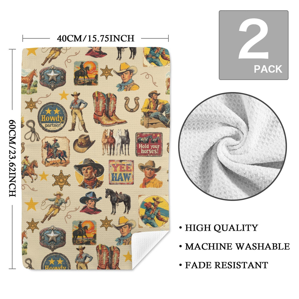 Vintage Cowboy Collage Set of 2 Dish Towels Made in America Baha Ranch Western Wear