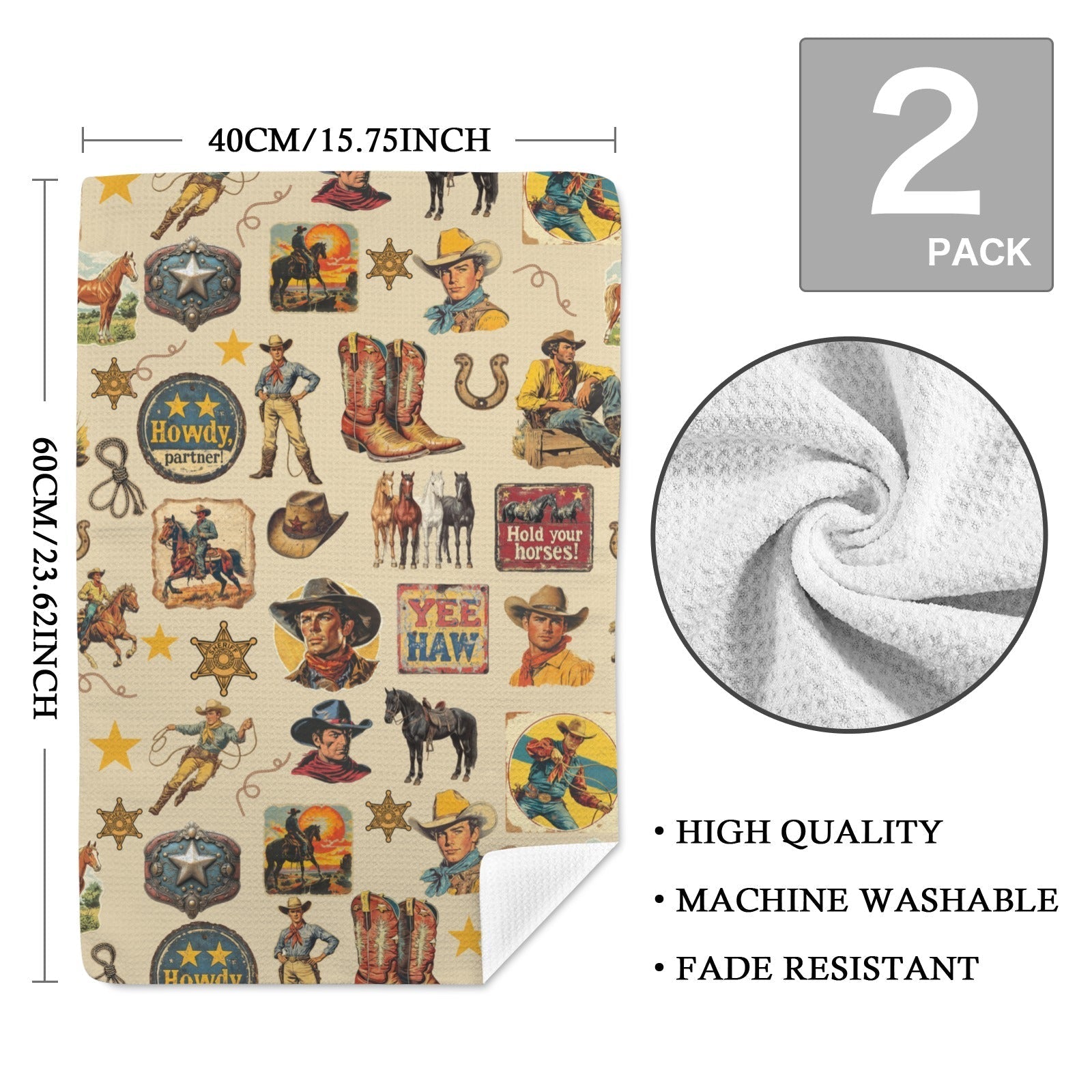 Vintage Cowboy Collage Set of 2 Dish Towels Made in America Baha Ranch Western Wear