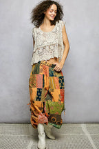 POL Printed Patchwork Wide Leg Pants with Adjustable Side Drawstring