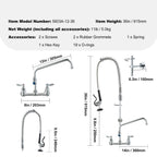 Commercial Faucet with Pre-Rinse Sprayer, 36' Height, 8' Center, 12' Swing Spout, Wall Mount Kitchen Sink Faucet, Brass Constructed Device with Pull Down Spray, for 1/2/3 Compartment Sink