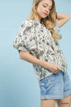 Umgee Mixed Print Puff Sleeve Split Neck Top