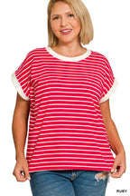 Zenana Full Size Contrast Trim Cap Sleeve Stripe Tee Plus Size