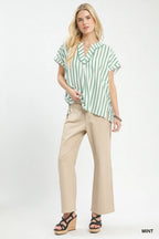 Umgee Mixed Stripe Split Neck Oversized Blouse