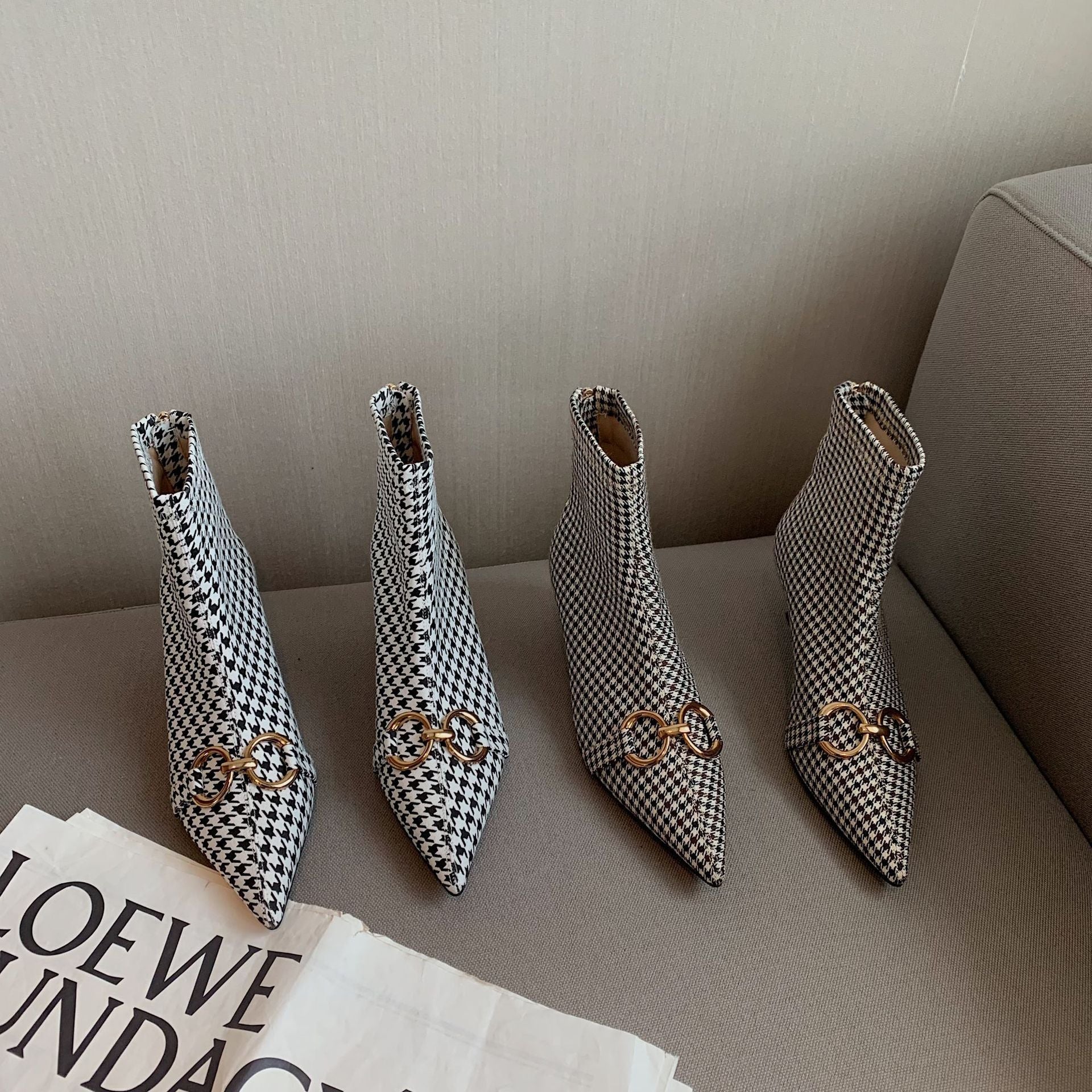 Side Zipper Small Heel Houndstooth Fashion Boots