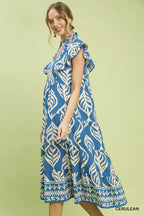 Umgee Leaf Print Tiered Midi Dress with Pockets