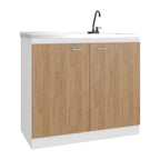 Salento Freestanding Sink, Double Door Cabinet, Two Shelves, White / Natural Oak