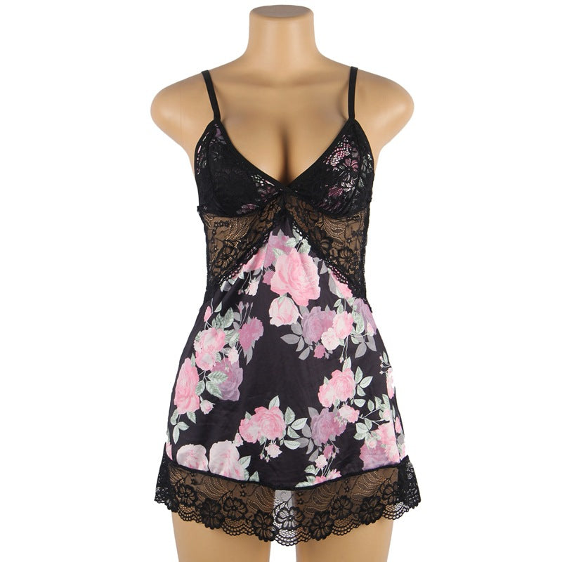 Plus Size Embroidery Patchwork Lace Sleeping Dress