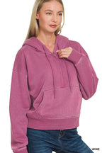 Zenana Fleece Pigment Dye Half Zip Kangaroo Pocket Hoodie