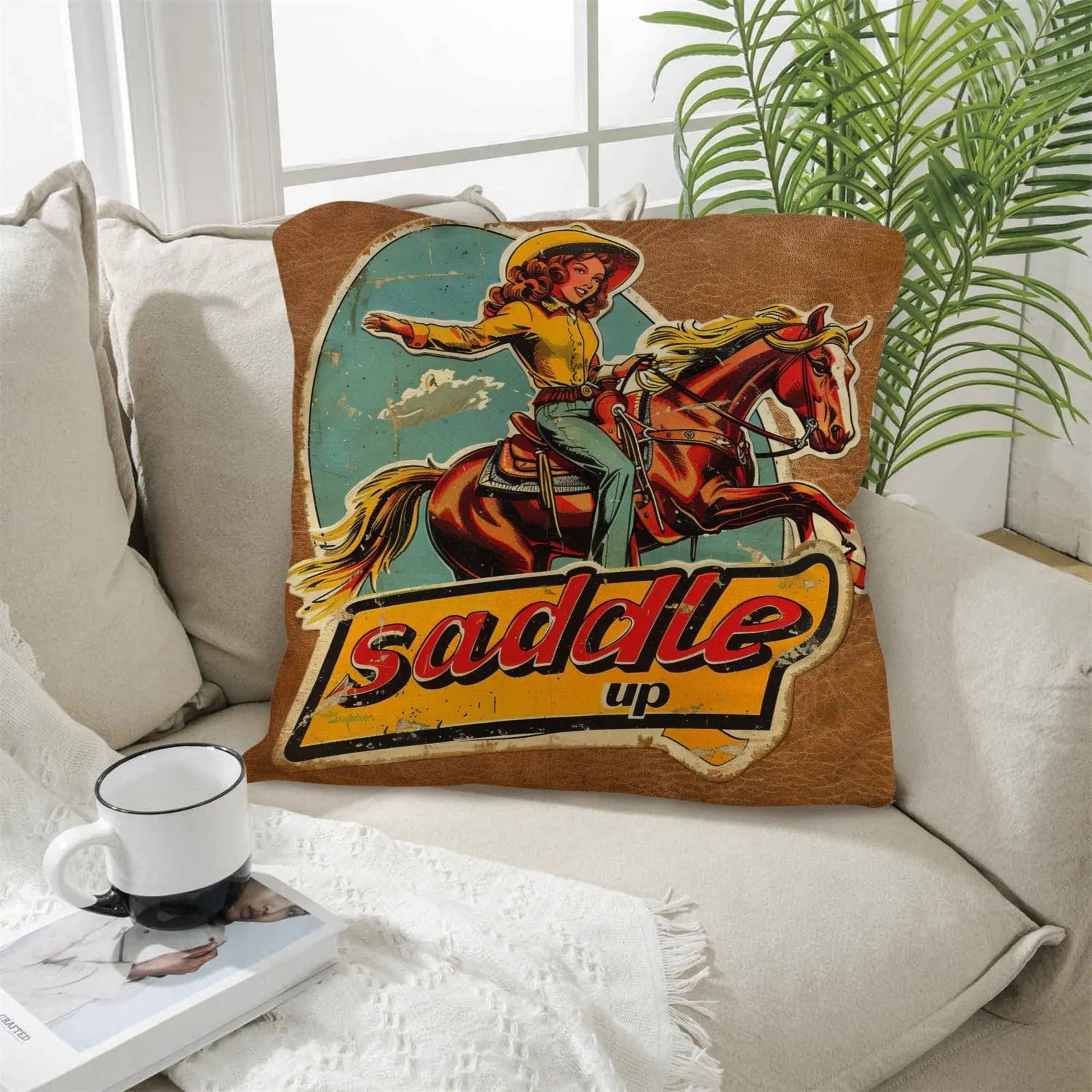 Saddle Up Vintage Cowgirl Throw Pillow Case 18x18inch Made in America Baha Ranch Western Wear