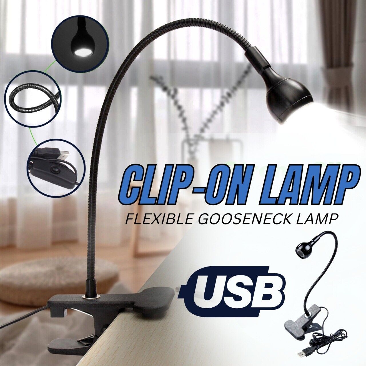 USB Flexible Reading LED Bright Light Book Lamp Clip-on Beside Bed Desk Table