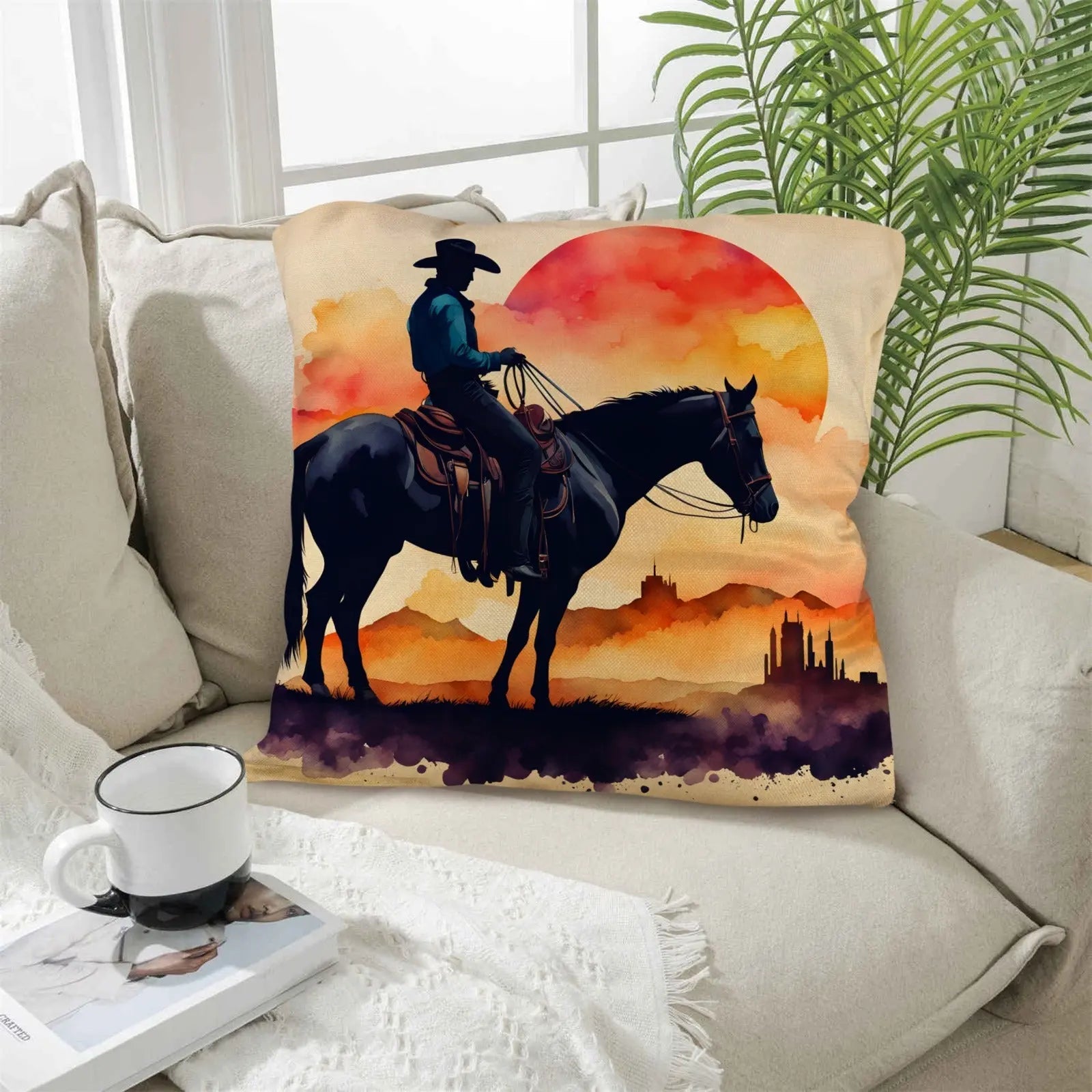 Watercolor Desert Cowboy Throw Pillow Case Made in America Baha Ranch Western Wear