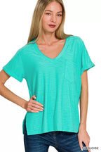 Zenana Slub Rolled Short Sleeve V-Neck Tee