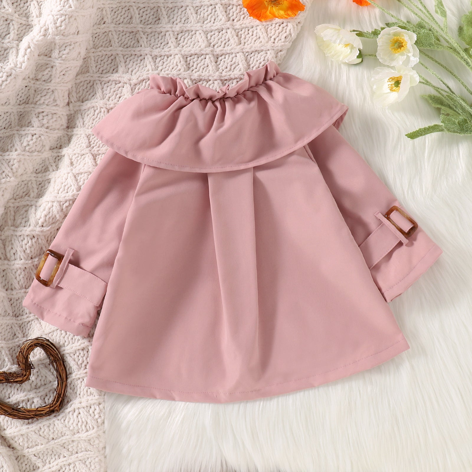 Girls' Lotus Leaf Collar Long Sleeve Trench Coat