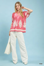 Umgee Boho Print Split-Neck Short Sleeve Top