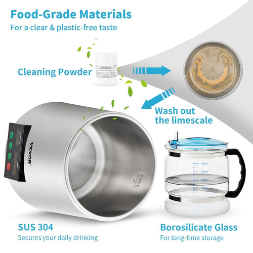 1.1 Gal Water Distiller, 0.3 Gal/H, 750W Distilled Water Maker Machine 0-99H Timing Set Temp Display, 304 Stainless Steel Countertop Distiller Glass Carafe Cleaning Powder 3 Carbon Packs, Silver