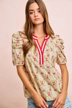 BiBi Floral Gather Sleeves Contrast Neckband Blouse Top