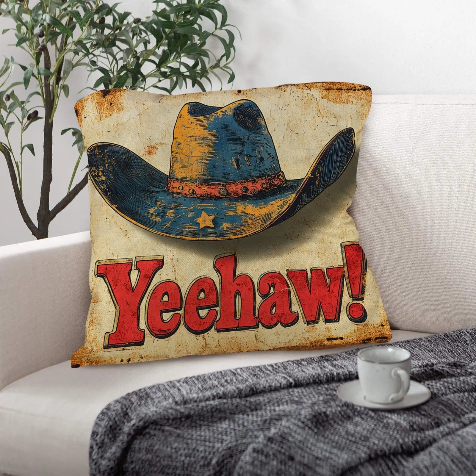 Vintage Western Yeehaw Throw Pillow Case 18 x 18 Made in America Baha Ranch Western Wear
