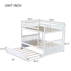 Full Over Full Rubber Wood Bunk Bed with Trundle, Ladder and Guardrails, Convertible to 2 Full Size Beds, with Twin Size Trundle,White