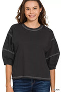 Zenana Balloon Sleeve Top with Contrast Stitching