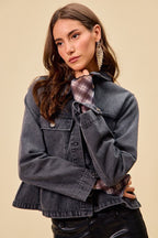 SO ME Denim Peplum Hem Front Button Jacket With Pockets