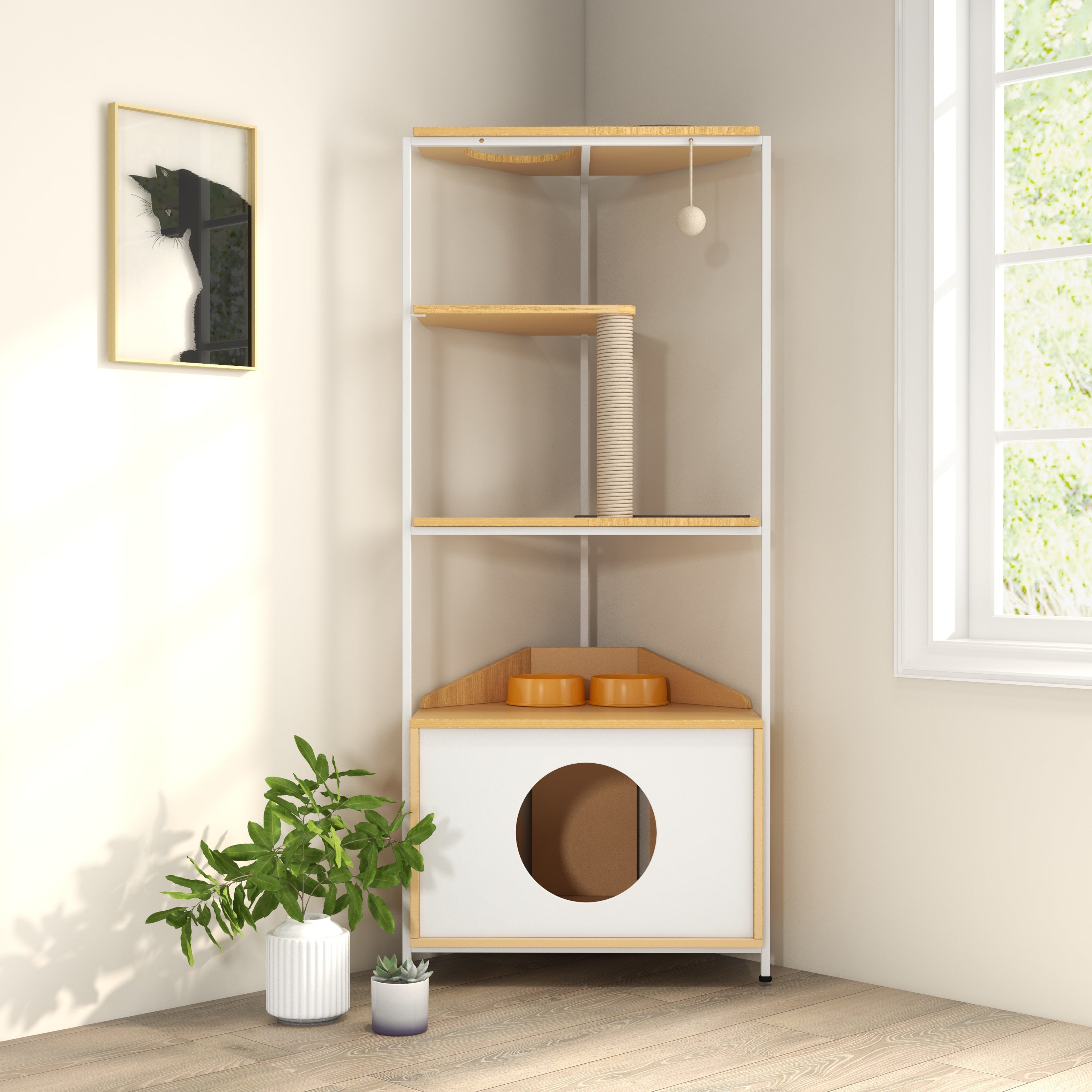 Modern Corner Cat Tower with Scratching Post, Cat Condo and Feeding Station, White and Light Oak Particle Board, 58.27-inch Height