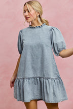 SO ME Denim Short Sleeves Mini Tiered Dress