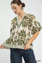 Umgee Mix Printed Puff Sleeve Top with Contrast Trim