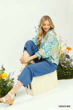 Umgee Watercolor Floral Blouse with Flounce Sleeve