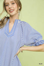 Umgee Stripe Ruffle Sleeve Split-Neck Blouse