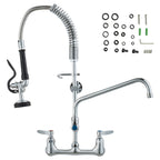 Commercial Faucet with Pre-Rinse Sprayer, 25' Height, 8' Center, 12' Swing Spout, Wall Mount Kitchen Sink Faucet, Brass Constructed Device with Pull Down Spray, for 1/2/3 Compartment Sink