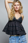POL V-Neck Embroidered Trim Ruffled Cami