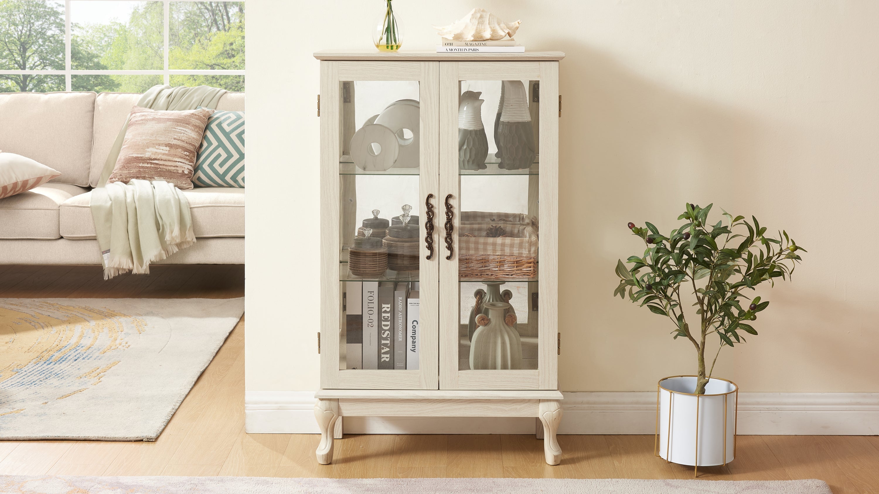 2 Doors Curio Cabinet with Tempered Glass Doors, Curio Cabinets with Mirrored Back Panel and Adjustable Shelves, Lighted Display Cabinet for Home, Office Light Bulb Included White