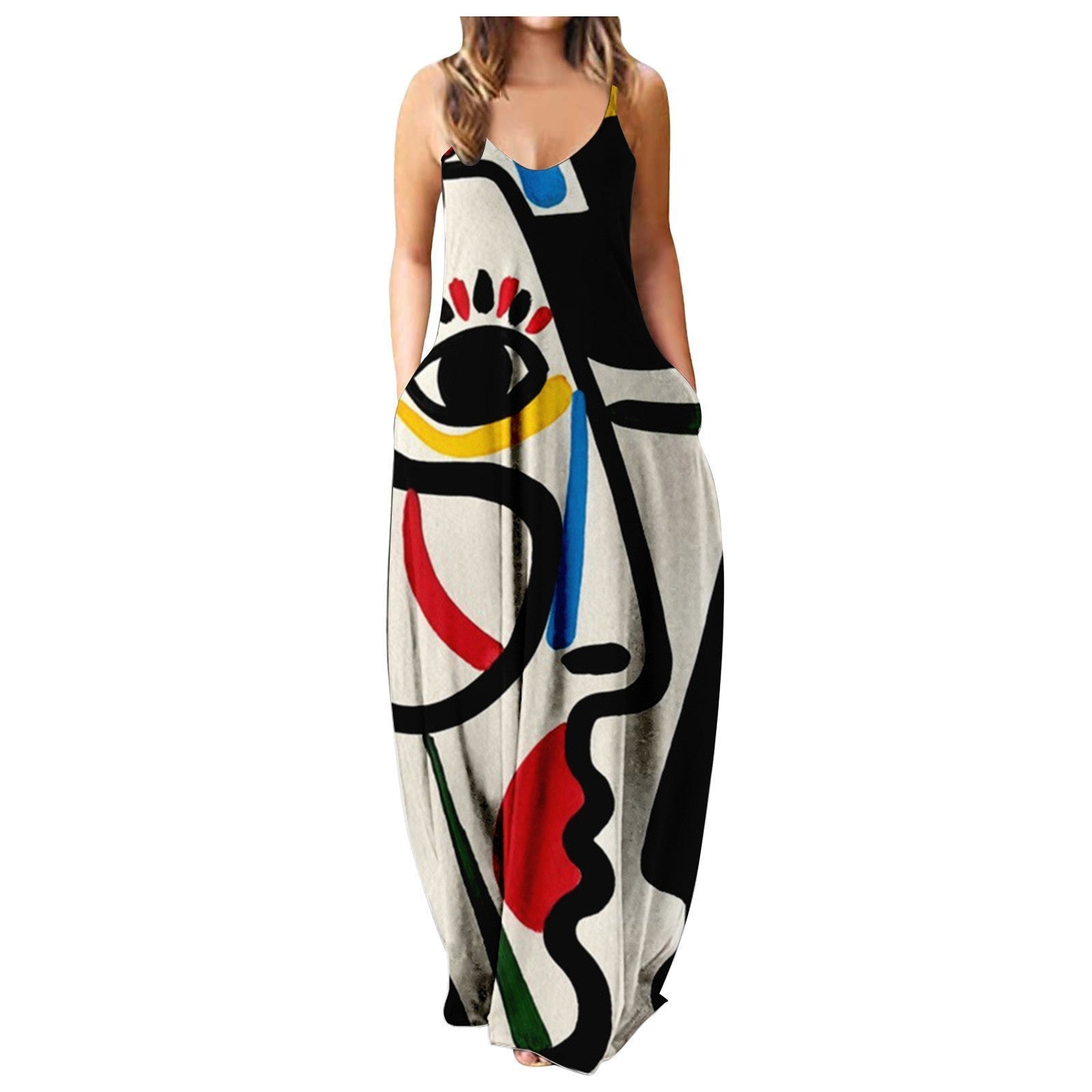 Summer Cool Strap Dress Abstract Face Style Digital Printing Elegant Street Dress
