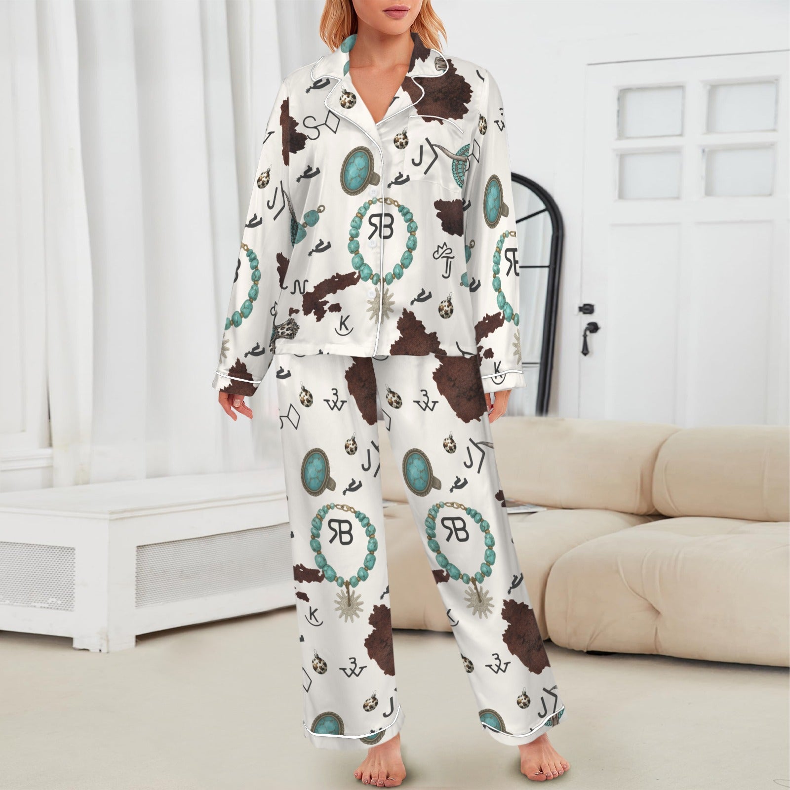 Baha Ranch Brands & Turquoise Cowgirl Christmas Western Cowprint Satin Pajamas Baha Ranch Western Wear
