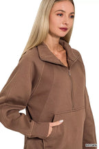 Zenana Half Zip Fleece Sweatshirt with kangaroo Pocket