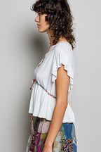 POL Tied Ruffled V-Neck Short Sleeve Blouse with Lace Detail