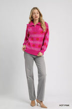 Umgee Floral Patterned Jacquard Quarter-Zip Pullover Sweater