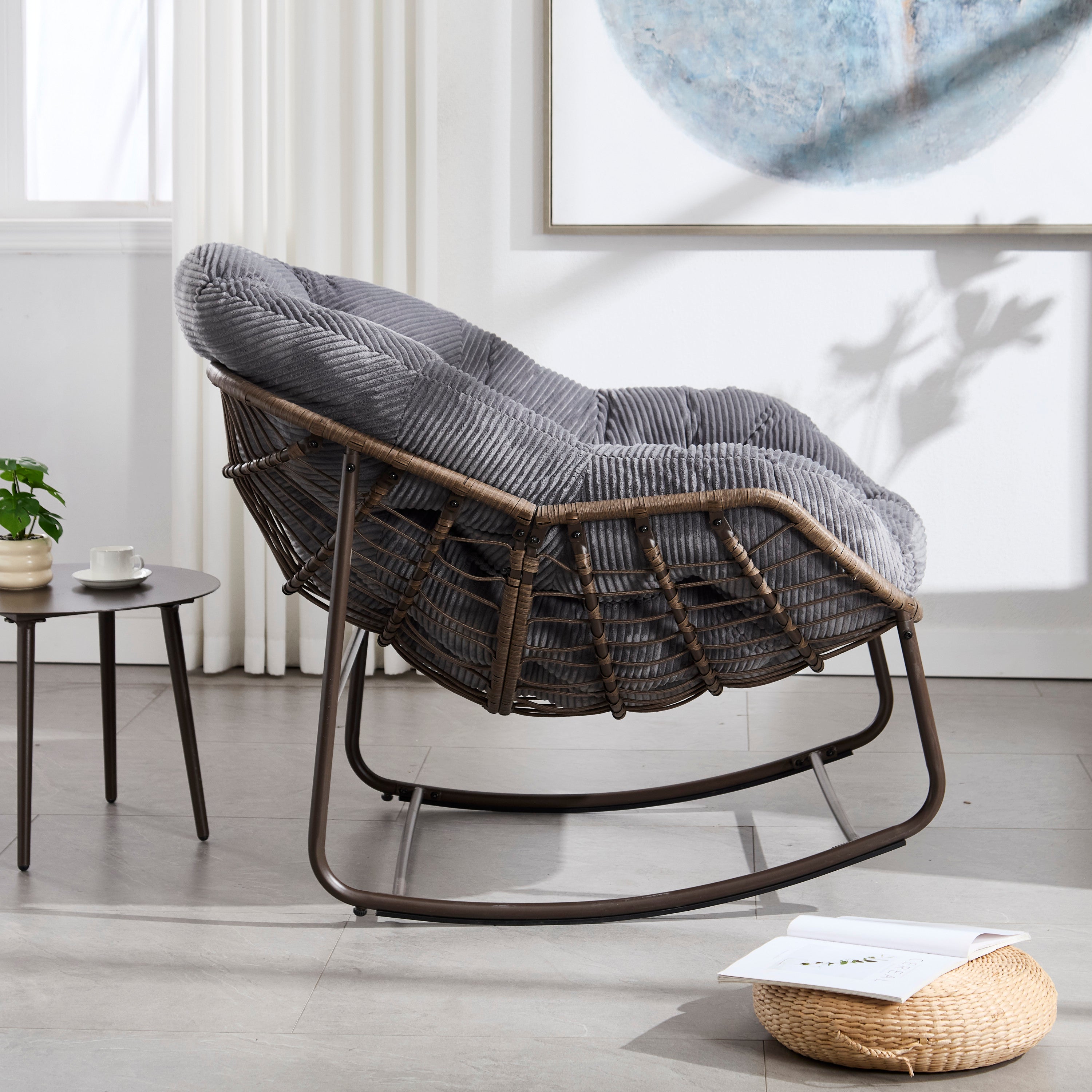 Outdoor Rattan Rocking Chair,Padded Cushion Rocker Recliner Chair Outdoor for Front Porch, Living Room, Patio, Garden, Grey