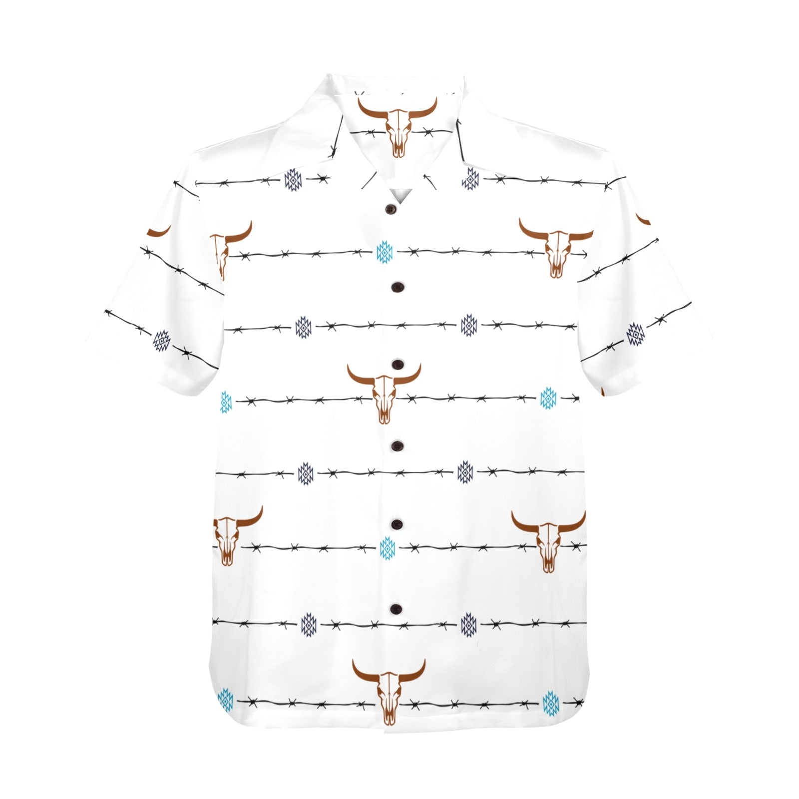 Baha Ranch White Bullhead Aztec Hawaiian Shirt Made in America Baha Ranch Western Wear